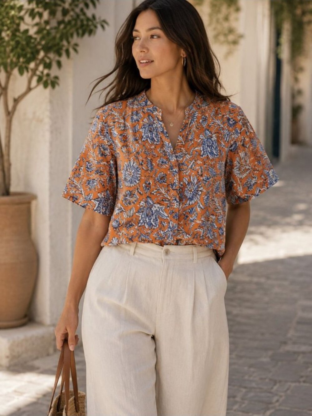 Yerse Floral Cotton Blouse Orange Blue Medium Boho Cottagecore Summer